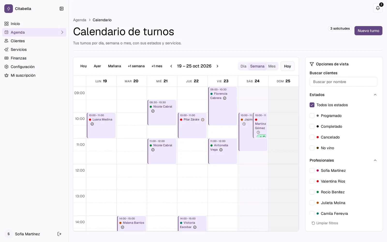 Calendario semanal de turnos en Citabella, con los turnos de cada día y filtros por estado y profesional